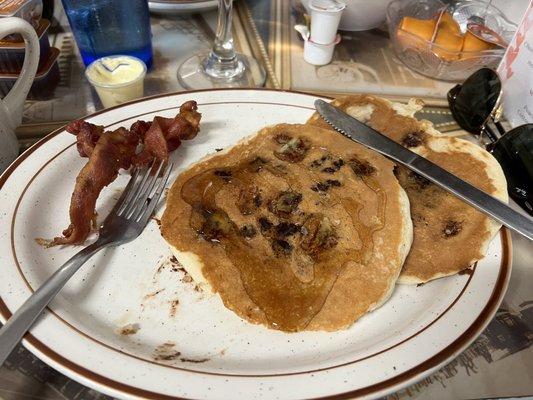 Banana chocolate chip pancakes with bacon