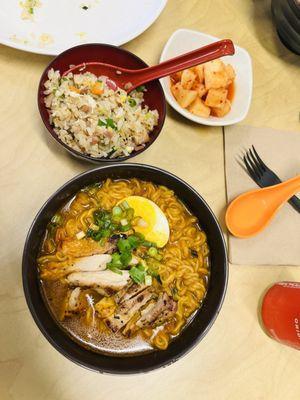 Spicy Ramen Soup  & Fried rice w/ chicken.