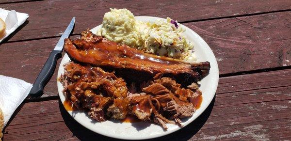 "Superbowl" plate.  It comes with their best 3, pulled pork, brisket, and beef ribs.  All side dishes are homemade.