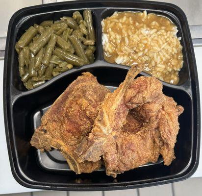 One Meat 2 Sides, Fried Porkchop, Rice & Gravy, & Green Beans