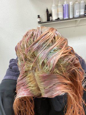 Process of color correction/ balayage.