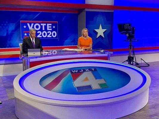 Bruce Hamilton and Jennifer Waugh during election coverage.