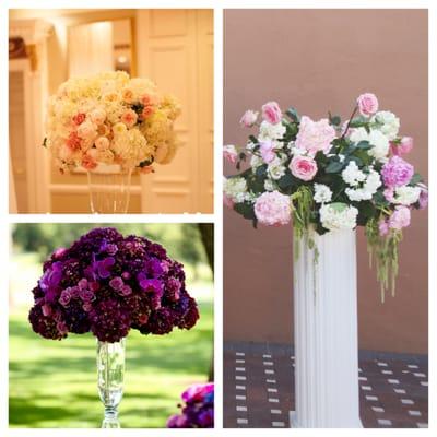 Left: examples of flowers shown to Melba. Right: ceremony arrangement delivered by Melba's Floral Studio.