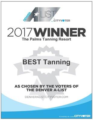 The Palms Tanning Resort has been voted for the fifth year in a row as the Denver AList's 2017 Best Tanning Salon in Denver!