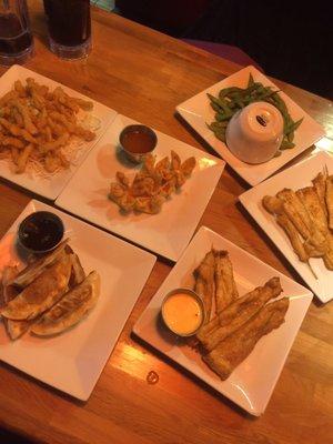 Half off apps at happy hour  calamari, cream cheese wontons, edamame, chicken satay, potstickers