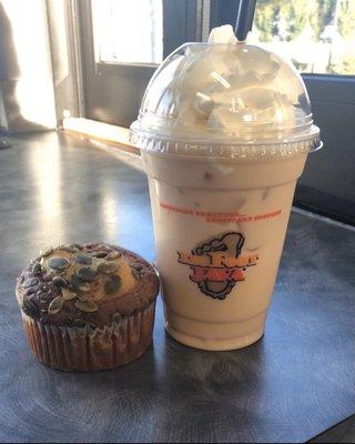 Iced White chocolate mocha with a pumpkin cream cheese muffin