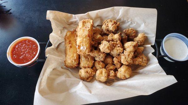 Fried mushrooms and hand battered mozzarella sticks