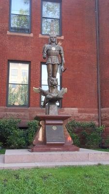 Warrior statue in front of embassy across the street from hotel rouge