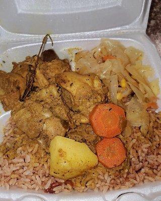 Curry chicken, cabbage, rice/peas (excellent)