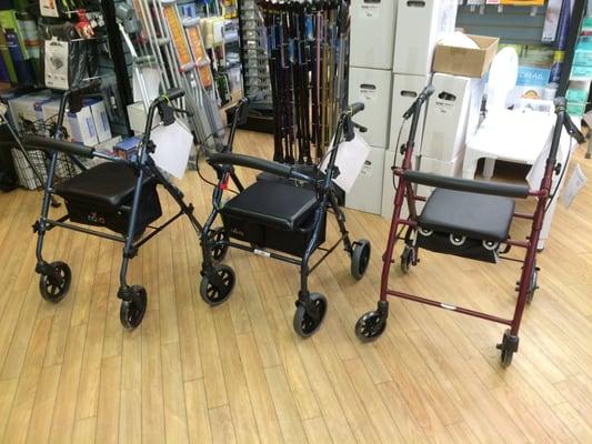 We carry a variety of 4-Wheel walkers with seats.