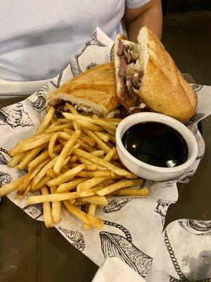 Steak Sandwich with side of Au Jus sauce and fries ($19): Au Jus sauce tastes like a less pungent version of soy sauce.