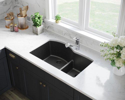 Black Quartz Granite Sink with Chrome Faucet