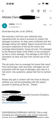 Proof Bradford Marine went out of their way to tell my insurance they thought I was lying about my Sea-Doo having hail damage.