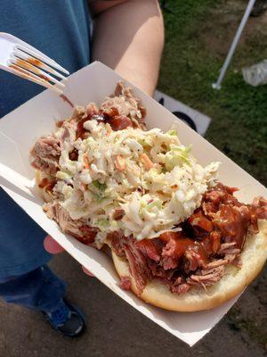 Blazing Swine Half Pulled Pork & Half Brisket topped with coleslaw