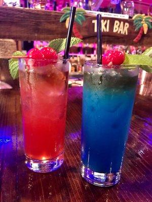 Niner nation (left) tequila based with watermelon and passion fruit, and shark tank (right) rum and blue curacao