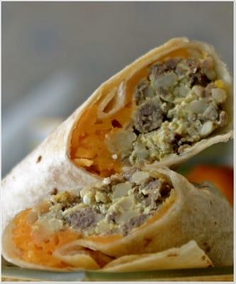 sausage burrito with potato, cheese, bacon