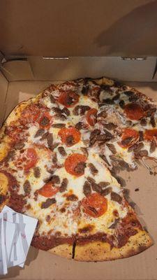 Large Pepperoni and sausage pizza