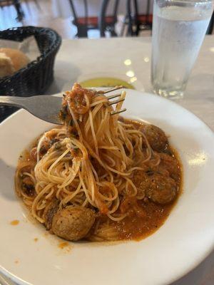 Angel hair with meatballs and marinara