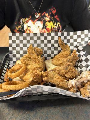 Wings and onion rings.