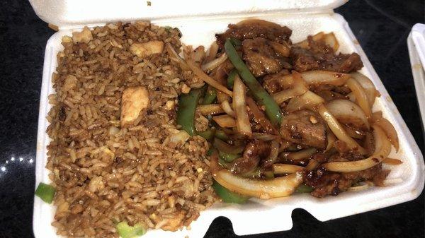 Mongolian beef lunch special with chicken fried rice