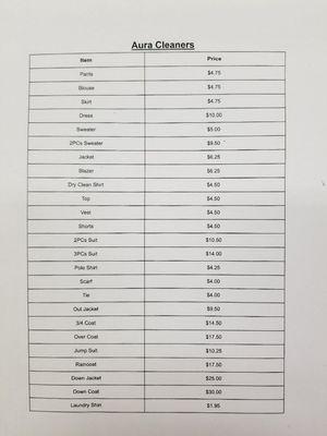 Dry cleaning price list !