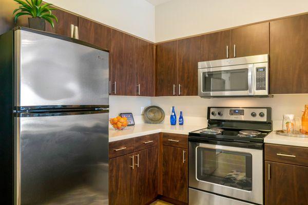 Kitchen with stainless steel appliances and hardwood style vinyl flooring.