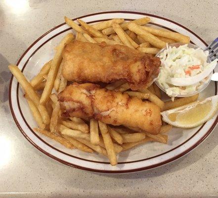 Fish and Chips with coleslaw.