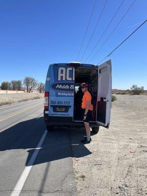 Hey, a van is really slowing down, maybe they want to help?  Of course they do because it's Ken @ ACME Bike Repair THANK You so much!