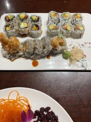 Alaskan roll, salmon avocado roll, chicken tempura