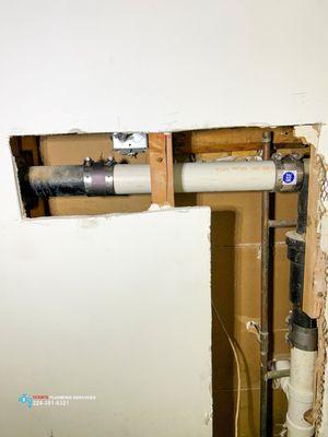 Schedule 40 PVC section repiping of 2 inch cast iron bathroom drain located in a bedroom closet wall in Prospect Heights, IL.  224-381-6321