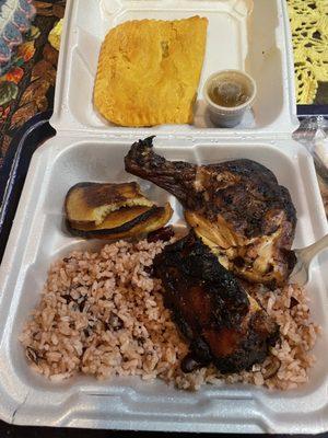 Jerk Chicken, Plantain Bites, meat pie