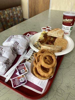 Mushroom and Swiss Omelette Platter Bacon, Egg and Cheese Combo Big D Cheeseburger Fresh Onion Rings