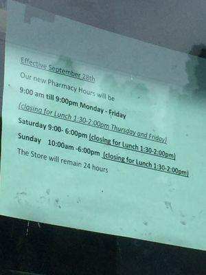 New pharmacy hours 9/28/17