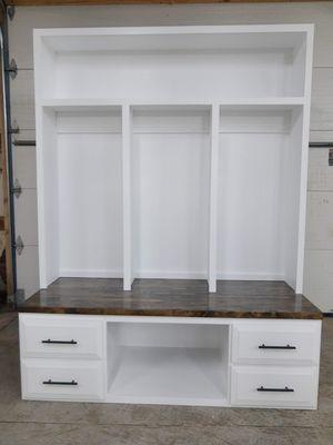 Custom made mudroom locker system. Handmade drawers. Butcher block bench top.