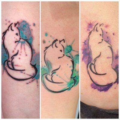 All three watercolor matching kitties (aqua/green/purple)   First two are on left inner forearm and the last is on the upper thigh area.