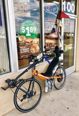 My highly effective eBikeKit-assisted CruzBike parked alongside the super Subway!