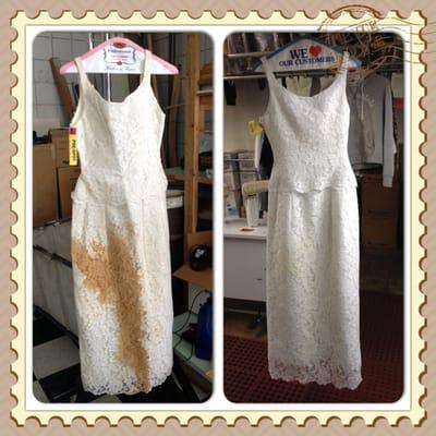 Before and after of a very old wedding dress. Amazing job!