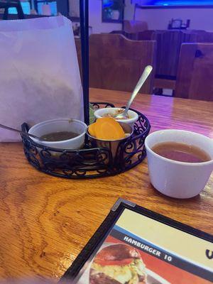 Appetizers - tostadas & salsa and shrimp consommé.