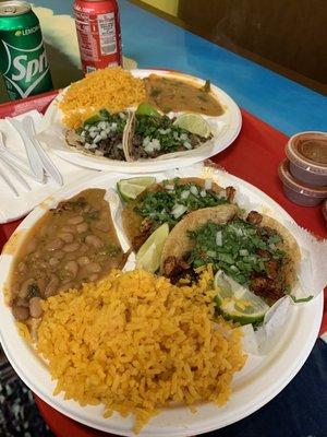 (2 taco Combos) Pastor and Carne Asada with rice and beans