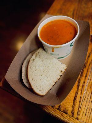 Tomato Basil Bisque with two slices of Sourdough