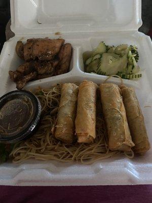 Pancit & Teriyaki Chicken Plate + cucumber salad + 4pc lumpia.