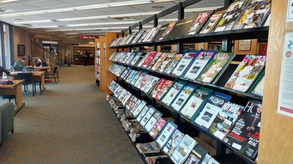 my favorite section with rows of magazines and newspapers