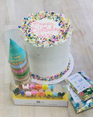 Birthday cake and birthday party supplies