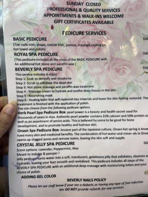 Pedicure Option Menu