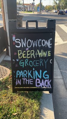 Snow cone, beer and wine, grocery