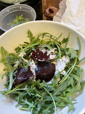 Beet salad (we added arugula to ours, buttery crab, and broiled oysters.