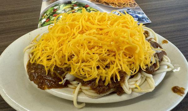 Small 5 Way - Chili, cheese, onion, and beans over spaghetti.  Love this!