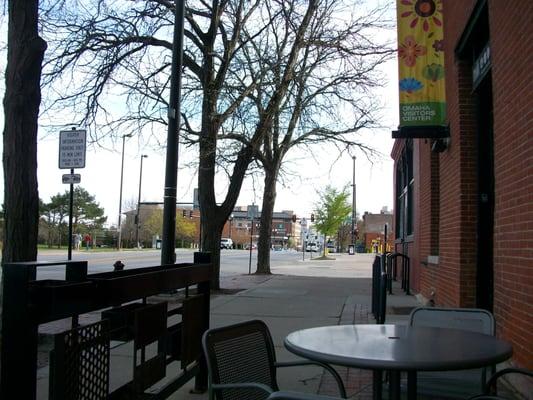 Outdoor seating and a bike rack.