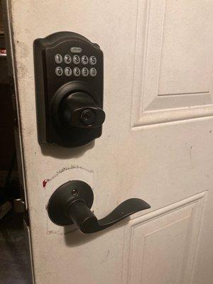 Replaced standard door knob with keypad lock