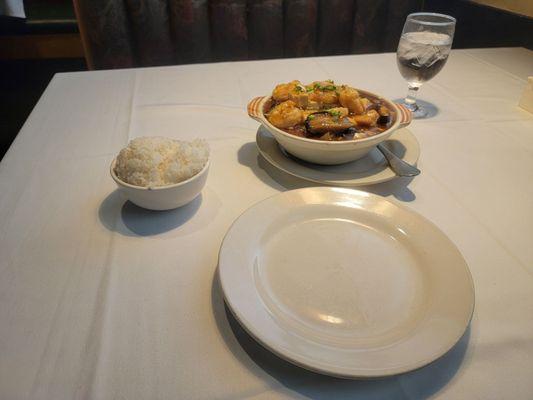 Shrimp and tofu with glass noodles and rice